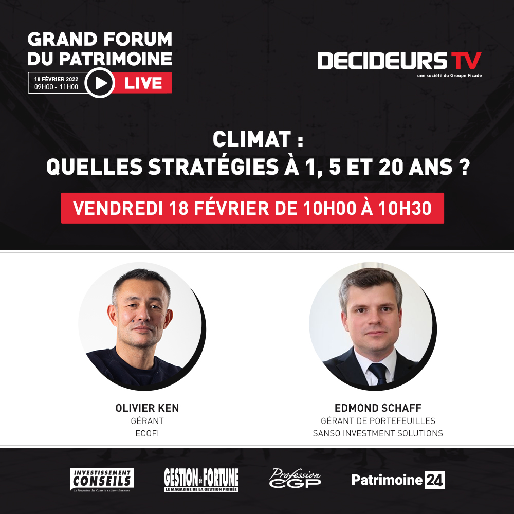 📌 Au programme du Grand Forum du #Patrimoine #Live vendredi 18 février à 10h : 
#Climat : quelles stratégies à 1, 5 et 20 ans ? Un atelier animé par <a href="/Lorenzini_Fred/">Lorenzini Frédéric</a> avec Olivier Ken <a href="/ecofi/">Ecofi</a> et Edmond Schaff @Sanso_IS 

👉S'inscrire : bit.ly/3xcjEhr

#finance #ISR #CGP
