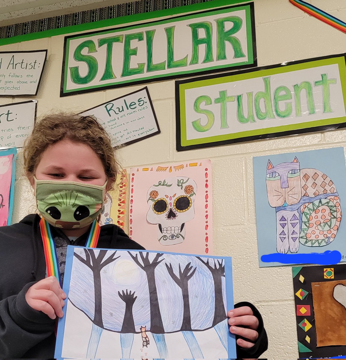 Congratulations to my Stellar Student from Travers Fifth Grade Class!!  She did an amazing job with her winter landscape!! Look at those cast shadows, color mixing and silhouette trees... BEAUTIFUL!! @Miss_TraversGVE