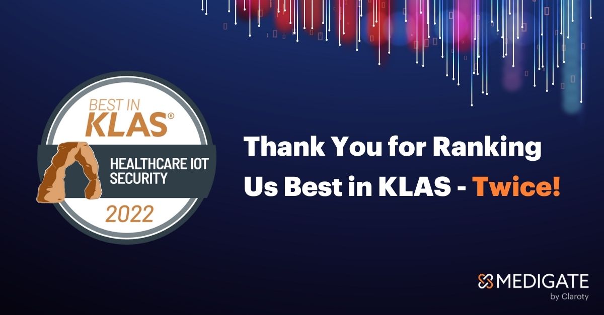 MMedigate's tweet photo. Terrific news! @KLASResearch has named @MedigateLtd by @Claroty Best in KLAS for Healthcare IoT Security not just once, but twice in a row! Read more: https://t.co/yGUvMqMEva https://t.co/RHWHcQQWKm