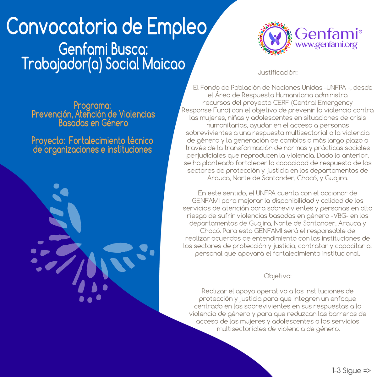 genfami's tweet photo. Convocatoria de Empleo para trabajador(a) social
en Maicao. La fecha máxima para envío de postulaciones es el 11/02/2022.   #Trabajo #TrabajoSiHay #TrabajoSocial #Género #MaicaoGuajira https://t.co/epi6DrPDHo