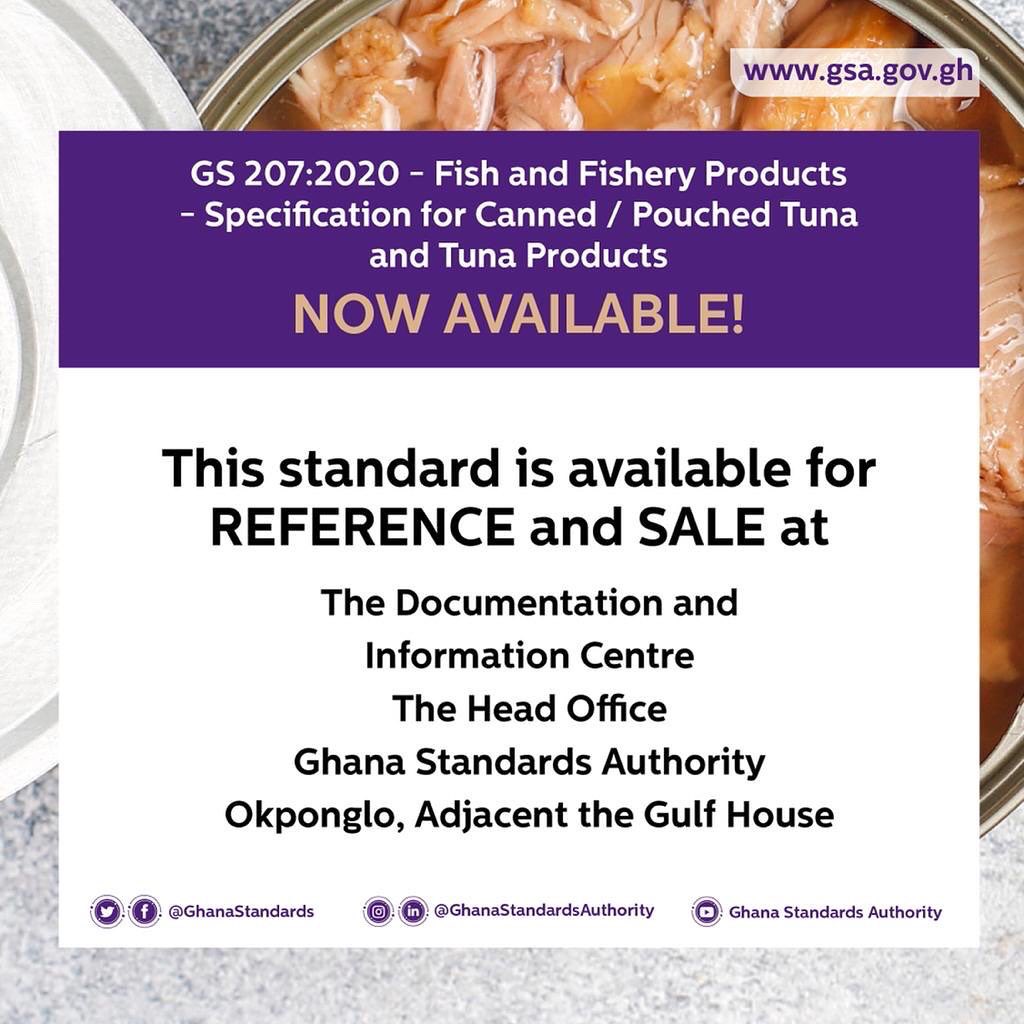 GhanaStandards's tweet photo. Ghana Standards for Fish and Fishery Products ( GS 207 : 2020). Specification for Canned / Pouched Tuna and Tuna Products.
Available for sale.
#fishstandards #standards #fisheryproducts #smes #localindustries #export #tuna
#tuesdaytips https://t.co/vibaMyQl0K