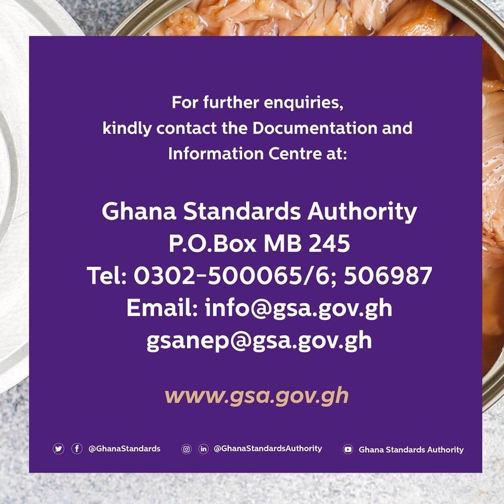 GhanaStandards's tweet photo. Ghana Standards for Fish and Fishery Products ( GS 207 : 2020). Specification for Canned / Pouched Tuna and Tuna Products.
Available for sale.
#fishstandards #standards #fisheryproducts #smes #localindustries #export #tuna
#tuesdaytips https://t.co/vibaMyQl0K