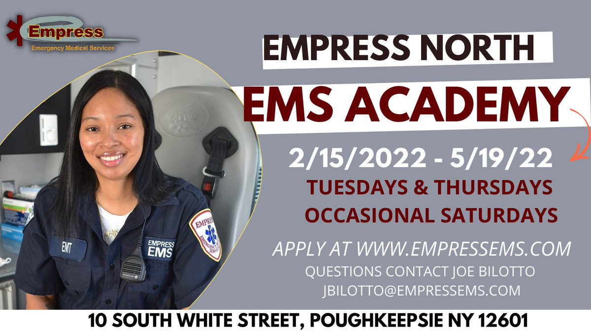 EmpressEMS's tweet photo. There’s still time to sign up for our EMS Academy at our Empress North location in Poughkeepsie! Get paid to learn a new skill and have guaranteed employment upon passing the NYS Exam. #EMTExam #NYSExams #EmpressEMS #Pougkeepsie #DutchessCounty https://t.co/Y7K5a4LPmh
