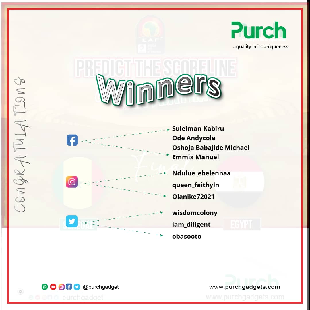 Purchgadget's tweet photo. Congratulations to the winners...continue to engage with this page and stand a chance to win amazing prizes.

Send A DM with your preferred Network

#Purchgadgets #PurchElectronics #purchcares https://t.co/xdckRHwpJm