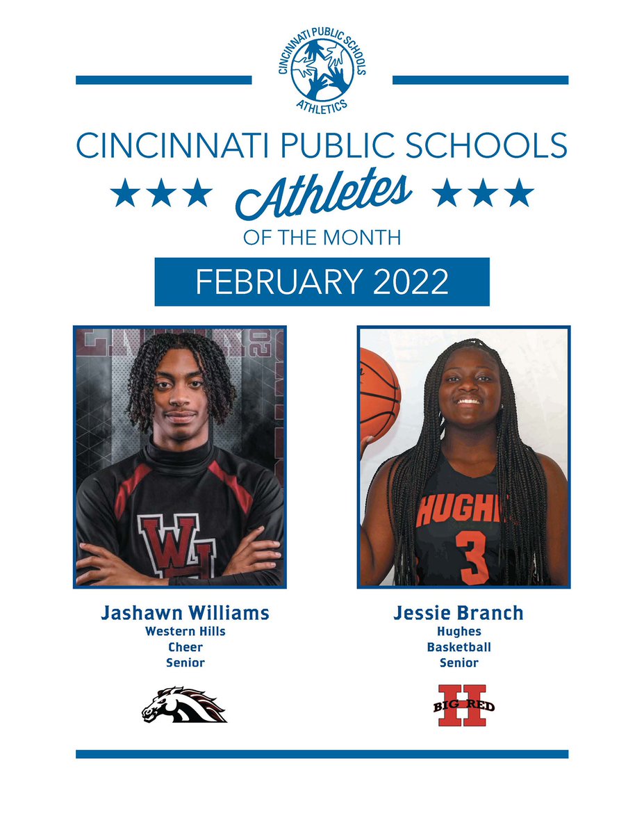 Congratulations to our <a href="/IamCPS/">I Am CPS</a> February Athletes of the Month! 

Jessie Branch, <a href="/BIGREDATHLETICS/">Hughes Big Red</a> 

Jashawn Williams, <a href="/WestHiMustangs/">Western Hills Mustangs Athletics</a> 

cps-k12.org/schools/athlet…