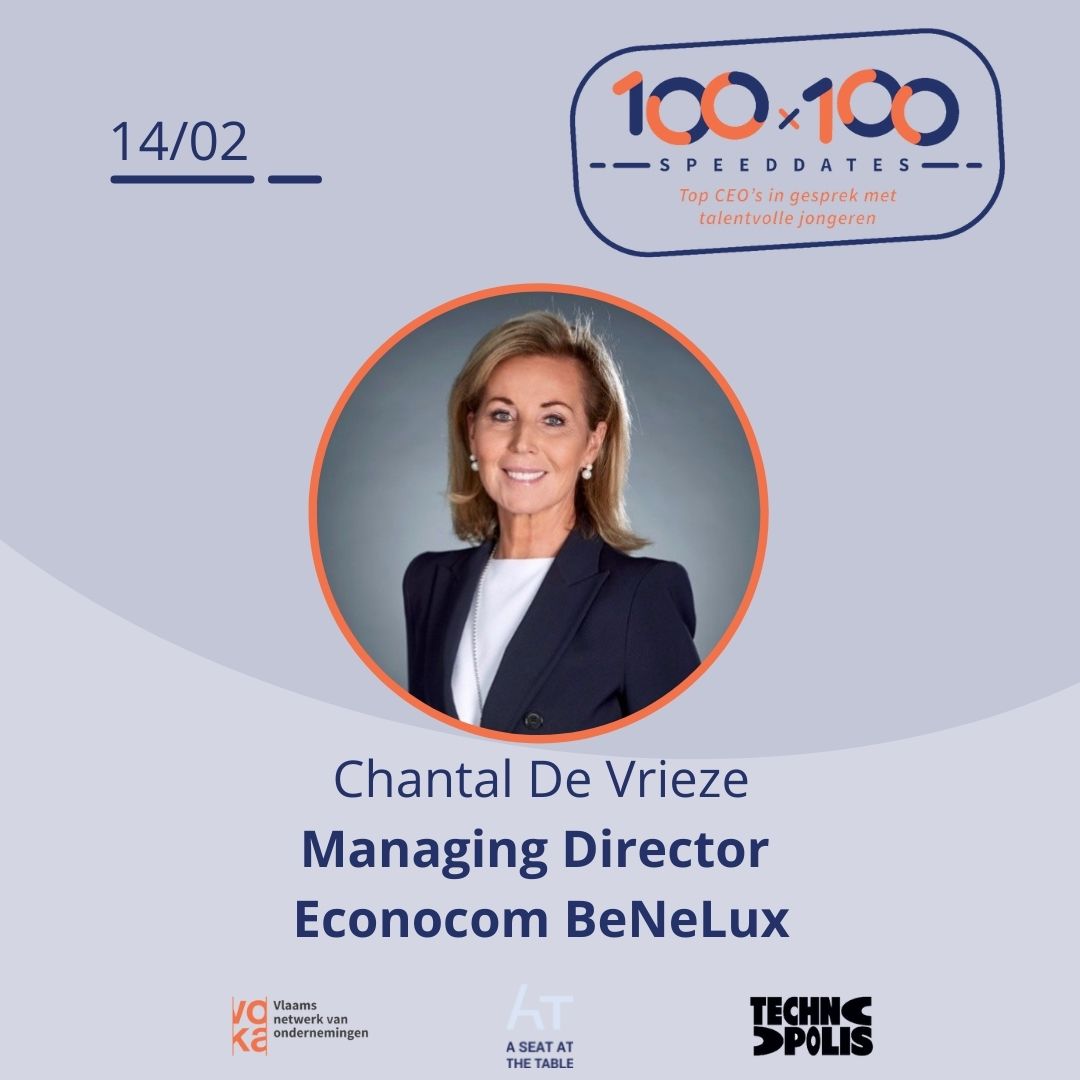 Chantal De Vrieze, <a href="/Econocom_BeLux/">Econocom BeLux</a>, is één van de topvrouwen die op 14 februari 1-op-1 in gesprek gaat met jongeren tijdens de #100x100.

Tijdens de 100x100 geeft zij jongeren persoonlijk advies en deelt haar ervaringen.

Meer weten? Check de link:
asatt.eu/100x100

#asatt