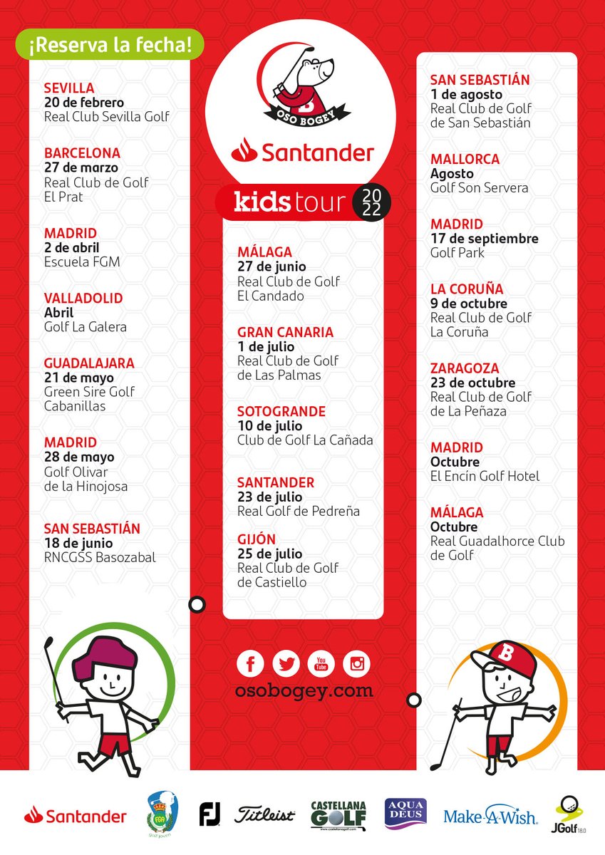¡Vuelve el circuito Oso Bogey Santander Kids Tour!
El circuito de 2022 está formado por un total de 19 pruebas, que se celebrarán desde febrero hasta noviembre, repartidas por toda la geografía española, incluyendo Baleares y Canarias.

¡Aquí tenéis el calendario completo!