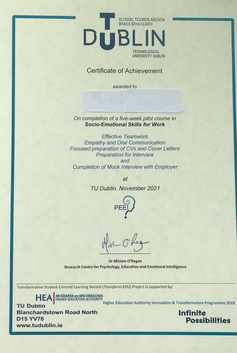 Delighted to be sending out certs this week to students who completed our five week programme in socio-emotional skills for work as part of the Transform-EDU study. Well done to @drmiriamoregan1 for design and delivery of this course.