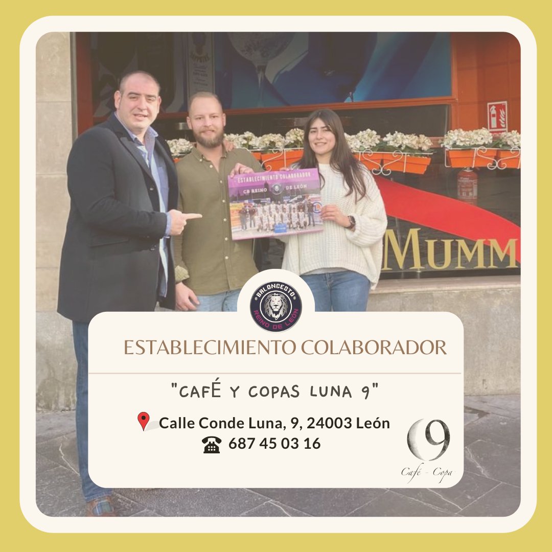 ¡Buenas tardes!🌞 

Hoy queremos anunciaros un nuevo establecimiento colaborador 🤝🏻

☕🍸CAFÉ Y COPAS LUNA 9 (<a href="/Luna9Leon/">Café y Copas Luna 9</a>), la mejor copa de León.

📍C/Conde Luna, 9
☎️ 687 45 03 16

Bienvenidos a la familia del CB REINO DE LEÓN.

¡Mil millones de gracias!🤩

#leonesp