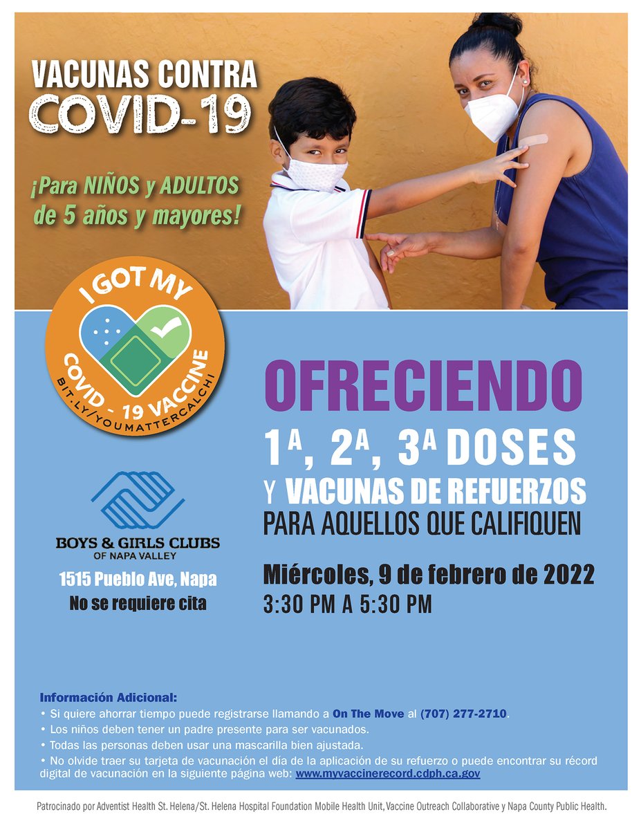 Clínica de vacunas COVID-19 para niños y adultos de 5 años en adelante y Boosters para personas completamente vacunadas de 12 años en adelante el miércoles 9 de febrero en el Boys and Girls Club de 3:30 p. m. a 5:30 p. m. Si desea más información puede llamarnos al 707-277-2710.