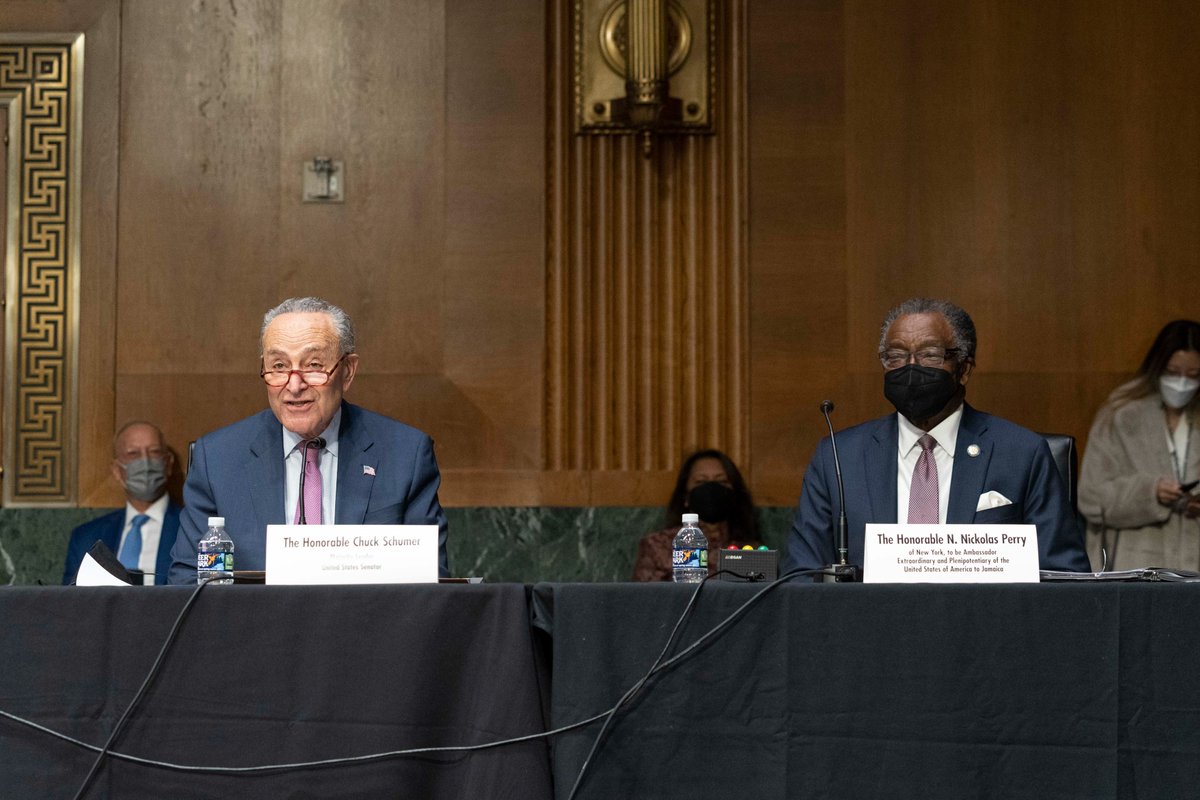SenSchumer's tweet photo. I'm honored to introduce NY's Nick Perry to @SFRCDems

Immigrant from Jamaica
Veteran
Public servant
He was my rec to @POTUS to be Amb. to Jamaica

I know he’ll make America and his family proud—his wife Joyce, son Nickolas Alexander, daughter Novalie, granddaughter Justine Skye https://t.co/q8bZhgV95A