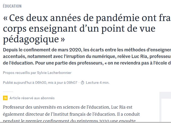 Un entretien de <a href="/RiaLuc1/">Ria Luc</a>, directeur de #IFE @ENSdeLyon avec <a href="/SyLecherbonnier/">Sylvie Lecherbonnier</a> <a href="/lemondefr/">Le Monde</a>
 et quelques ressources en lien avec ces questions.
Bonne lecture

#RessourcesUtilesIFE #confinement #EcoleEnMutation 

ens-lyon.fr/actualite/educ…