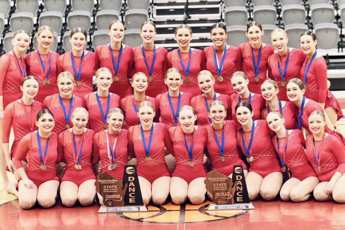 HudsonSchoolsWI's tweet photo. Last weekend the Raidaires competed at the WACPC State Championship after earning first in both Kick and Jazz at the Western Regional. 
 The team made Raidaire history by earning 1st place in Division 1 jazz—a first for the program. They are also Division 1 Kick Runner-Ups! https://t.co/V1tnd8tnqW