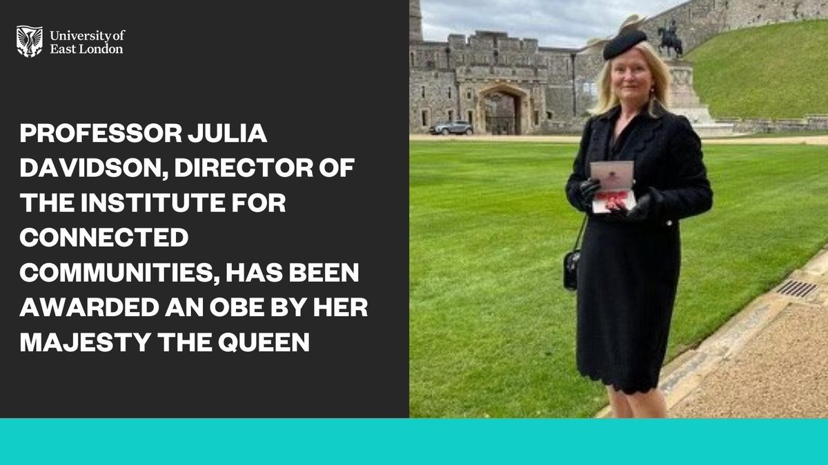 Professor Julia Davidson, Director of the Institute for Connected Communities, has been awarded an OBE by her Majesty the Queen for services to Internet safety.

Congratulations <a href="/JuliaDavidson13/">Prof Julia Davidson OBE</a> <a href="/ICC_UEL/">Institute for Connected Communities</a> on #SaferInternetDay.

Full story: orlo.uk/lTKws

#UELFamily