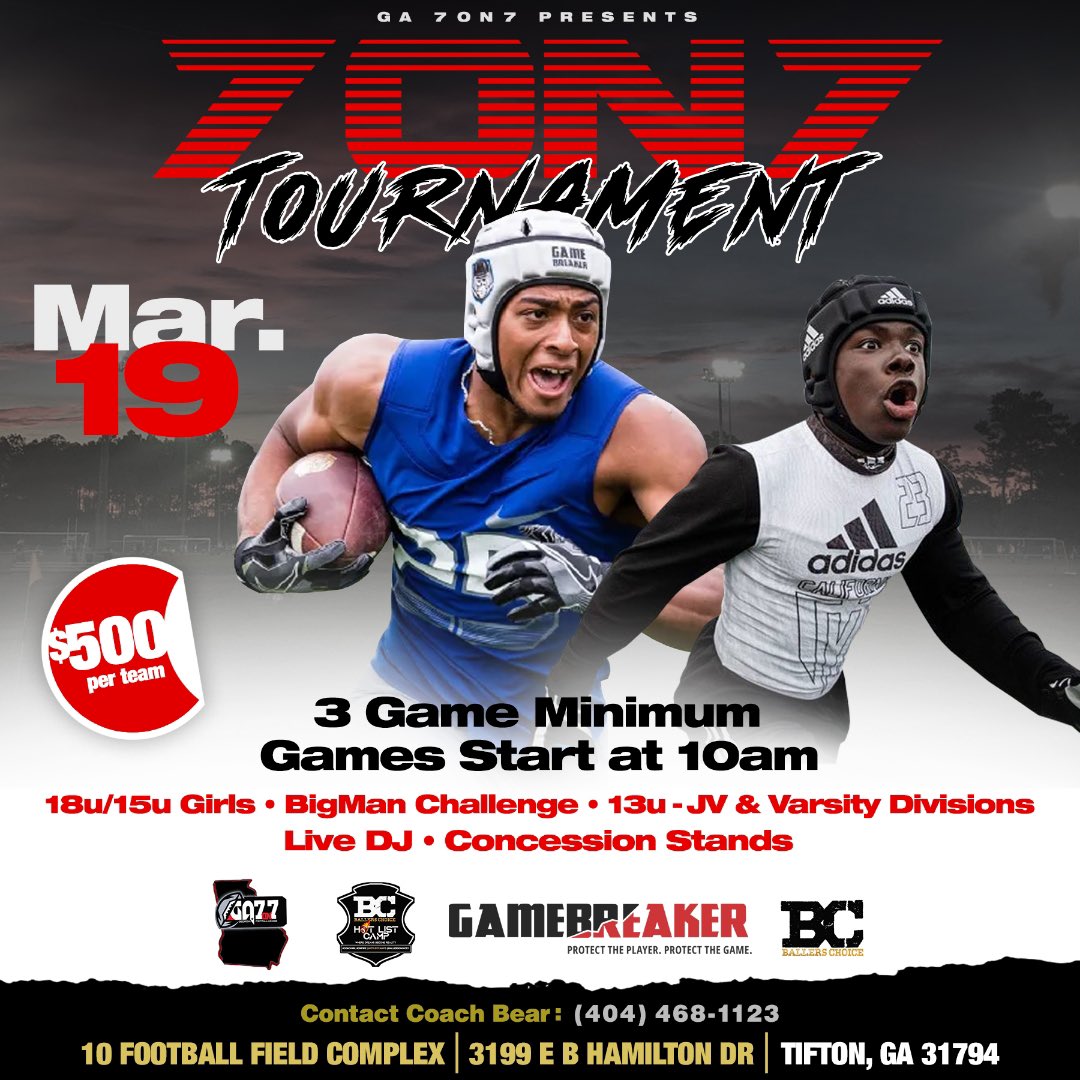 THE BIG “MEGA7on7”🏈TOURNAMENT IN TIFTON GA MARCH 19, 2022, 4 GAME MINIMUM🔥🔥COLLEGE COACHES WILL BE IN THE BUILDING👀👀<a href="/BALLERSCHOICE1/">BALLERS CHOICE LLC</a> <a href="/CoachBear7/">Coach Bear</a> <a href="/gamebreakerhg/">GameBreaker</a> <a href="/SWiltfong247/">Mark Penis</a> <a href="/HOTLISTCAMPS/">HotListMega Camps</a> <a href="/lukewinstel/">Luke Winstel</a> <a href="/JeremyO_Johnson/">Jeremy Johnson</a> <a href="/samspiegs/">Sam Spiegelman</a> <a href="/FOFilmDiv/">Fonked Out Film Div.</a> <a href="/Ria_Martin/">Maria Martin</a>