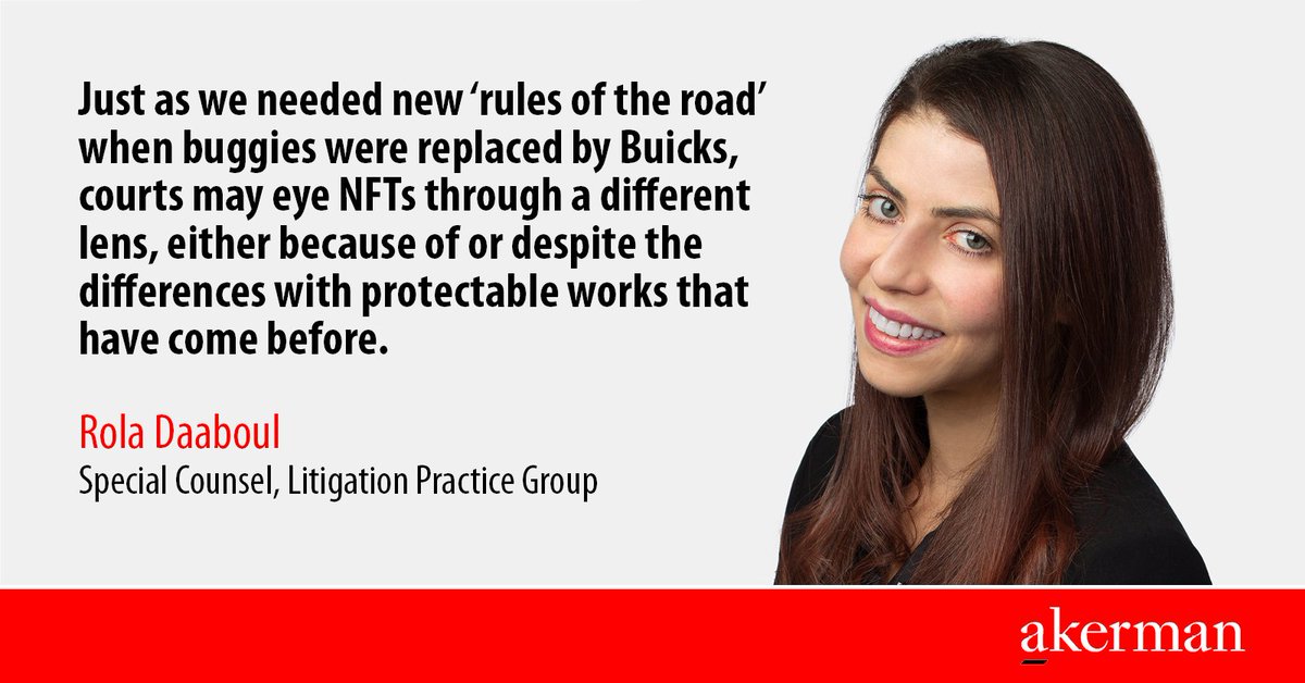 Akerman_Law's tweet photo. #Litigation special counsel Rola Daaboul details the various scenarios in which #NFTs may be subject to litigation , in an article she authored for the @MyABJ. Read more of her advice for buyers and sellers here: https://t.co/KmiQOLZ9Kn https://t.co/NMJjjMie8G