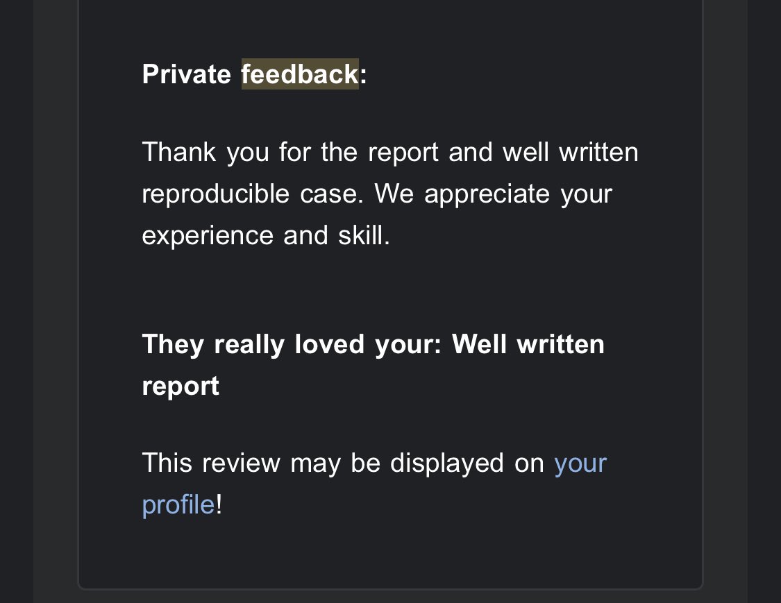 Got Awarded approx $7k of bounty in first 7 days of this month at <a href="/SynackRedTeam/">Synack Red Team</a> and <a href="/Hacker0x01/">HackerOne</a> , Received my first feedback on <a href="/Hacker0x01/">HackerOne</a> , On 30 days $30k challenge to myself :)
Most of the bugs were ACPV and IDORS
#bugbounty