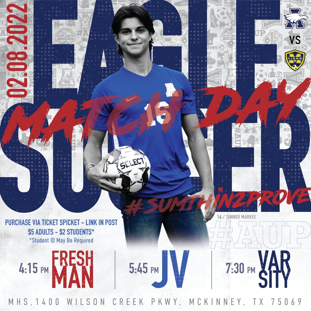 AHS_B_Soccer's tweet photo. Best day of the week....#Matchday
Take a road trip and watch the Allen Men's Soccer Team take on the Lions at McKinney High School!
4:15 Fresh
5:45 JV
7:30 Varsity
#AUP #sumthin2prove
1400 Wilson Creek Pkwy, McKinney, TX 75069.
Mobile tickets: https://t.co/B2ZgqSVjnW https://t.co/M2B2sapoAK