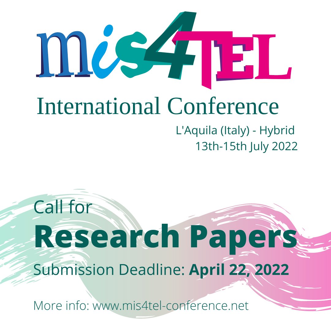 MIS4TEL22's tweet photo. 📎Call for Papers is out now!
We invite you to submit your paper to 
@MIS4TEL22 International Conference: https://t.co/qdaCtKLs7v
#MIS4TEL22 #TEL #learning #technology #education #Engineering #CS #health #medicine #univaq #sapienza #usal #unisa #unibz #uniba ​#L3S #conference https://t.co/Wzt5384TUO
