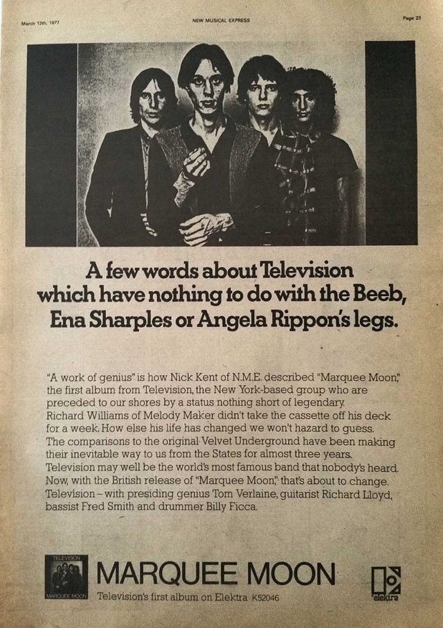 GeorgiosMasman2's tweet photo. "They are one in a million. The songs are some of the greatest ever. The album is Marquee Moon." British music journalist #NickKent in @NME (New Musical Express). #OnThisDay 1977 #Television released their debut album, Marquee Moon. #anniversary https://t.co/HolH7bSYTu