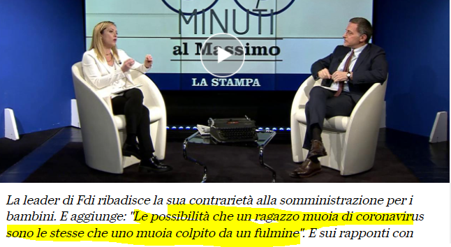 RobertoBurioni's tweet photo. Meloni: "le possibilità che un ragazzo muoia di COVID sono le stesse che muoia colpito da un fulmine" 

Anni 2020-2021

- Morti per fulmine negli USA: 28 (di tutte le età)
- Morti per COVID negli USA: 900 (sotto i 18 anni) https://t.co/FLjTEBUtui