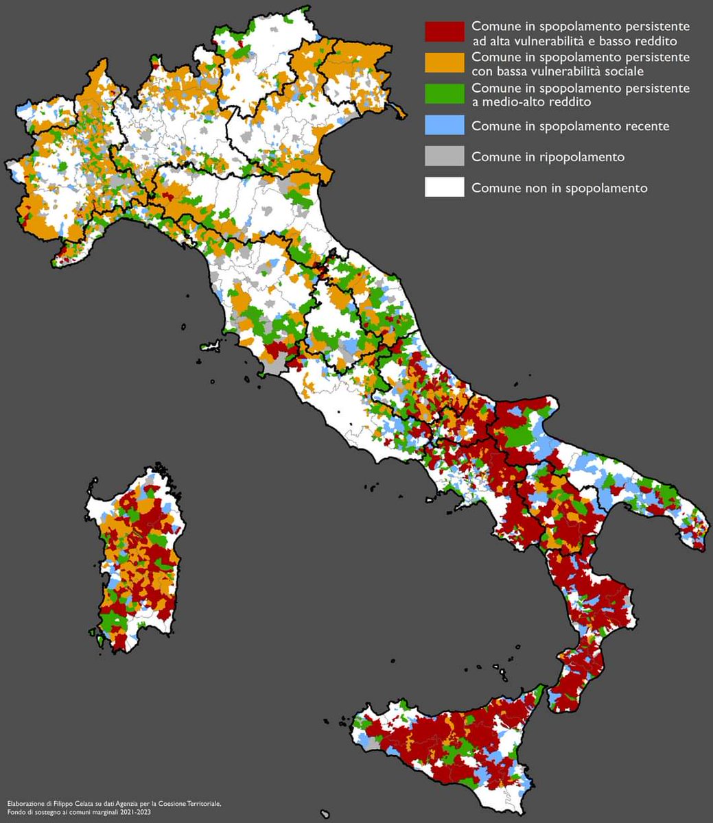 Giul_Granato's tweet photo. L'🇮🇹 che si svuota.
Quella delle aree interne, dei “margini”, del Sud.

Non tutto si può ridurre al disagio economico/sociale; è però palese che lì sta gran parte del problema.
Il PNRR dovrebbe ribaltare queste logiche, invece si prosegue come prima.
Con buona pace di chi va via. https://t.co/CdQX1ljJaX