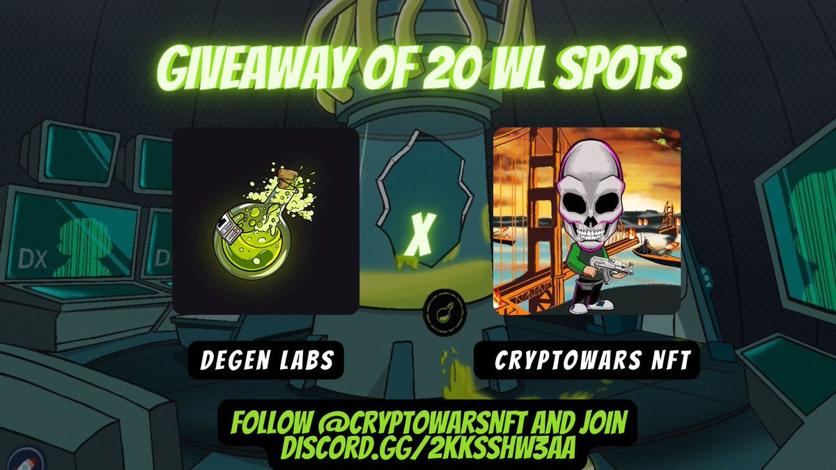 Degen Labs | Mutant Degen Monster Apes (MDMA) (@degenlabsnft) on Twitter photo We've partnered up with <a href="/CryptoWarsNFT/">CryptoWars NFT</a>
to give away 20x WL spots to our alpha members.
To be in the running:
1. Follow <a href="/CryptoWarsNFT/">CryptoWars NFT</a>
2.Join discord.gg/KM9beY5y4T
3. React to this post
4. Enter through giveaway bot on Alpha Channel in discord!
β°24 hours We've partnered up with <a href="/CryptoWarsNFT/">CryptoWars NFT</a>
to give away 20x WL spots to our alpha members.
To be in the running:
1. Follow <a href="/CryptoWarsNFT/">CryptoWars NFT</a>
2.Join discord.gg/KM9beY5y4T
3. React to this post
4. Enter through giveaway bot on Alpha Channel in discord!
β°24 hours