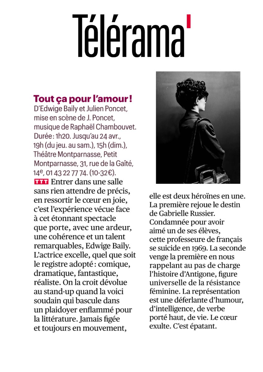 TMontparnasse's tweet photo. Devinez qui a TTT dans @Telerama ?!?!
TTT = Télérama aime PASSIONNÉMENT
Et nous aussi ! ❤️❤️❤️
#TOUTCAPOURLAMOUR ! du jeudi au dimanche, au Petit @TMontparnasse https://t.co/zJh1vS8L5f