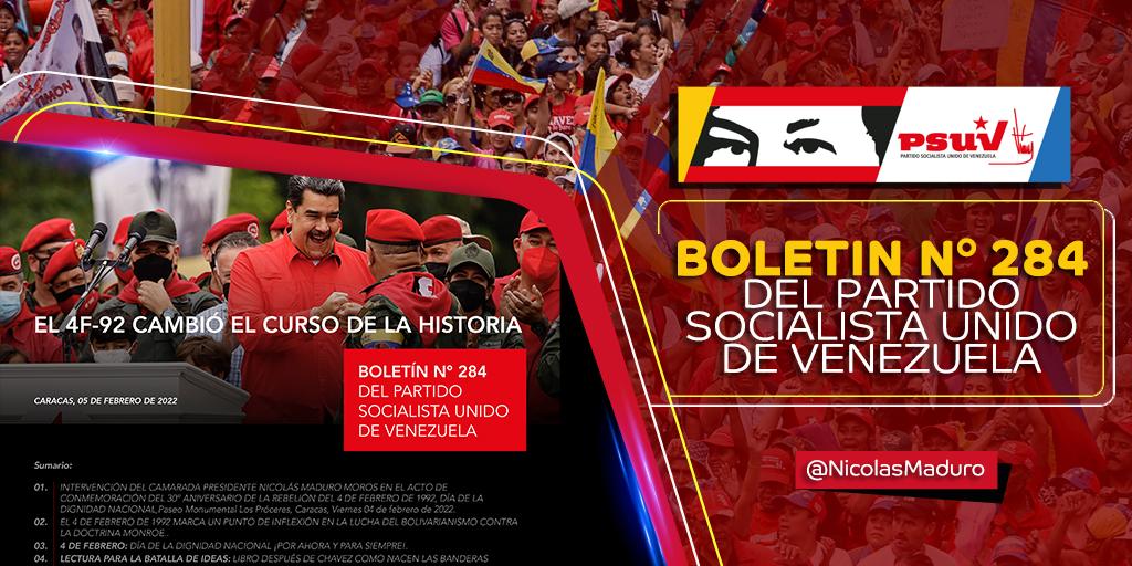 NicolasMaduro's tweet photo. La edición N° 284 del Boletín informativo del @PartidoPSUV está dedicada a la conmemoración del 30º aniversario del amanecer rebelde del 4F de 1992. El despertar de la conciencia y la historia. ¡Nosotros, por ahora y para siempre, venceremos! ==> https://t.co/41n5trMQ2j https://t.co/otEkZtlN9t