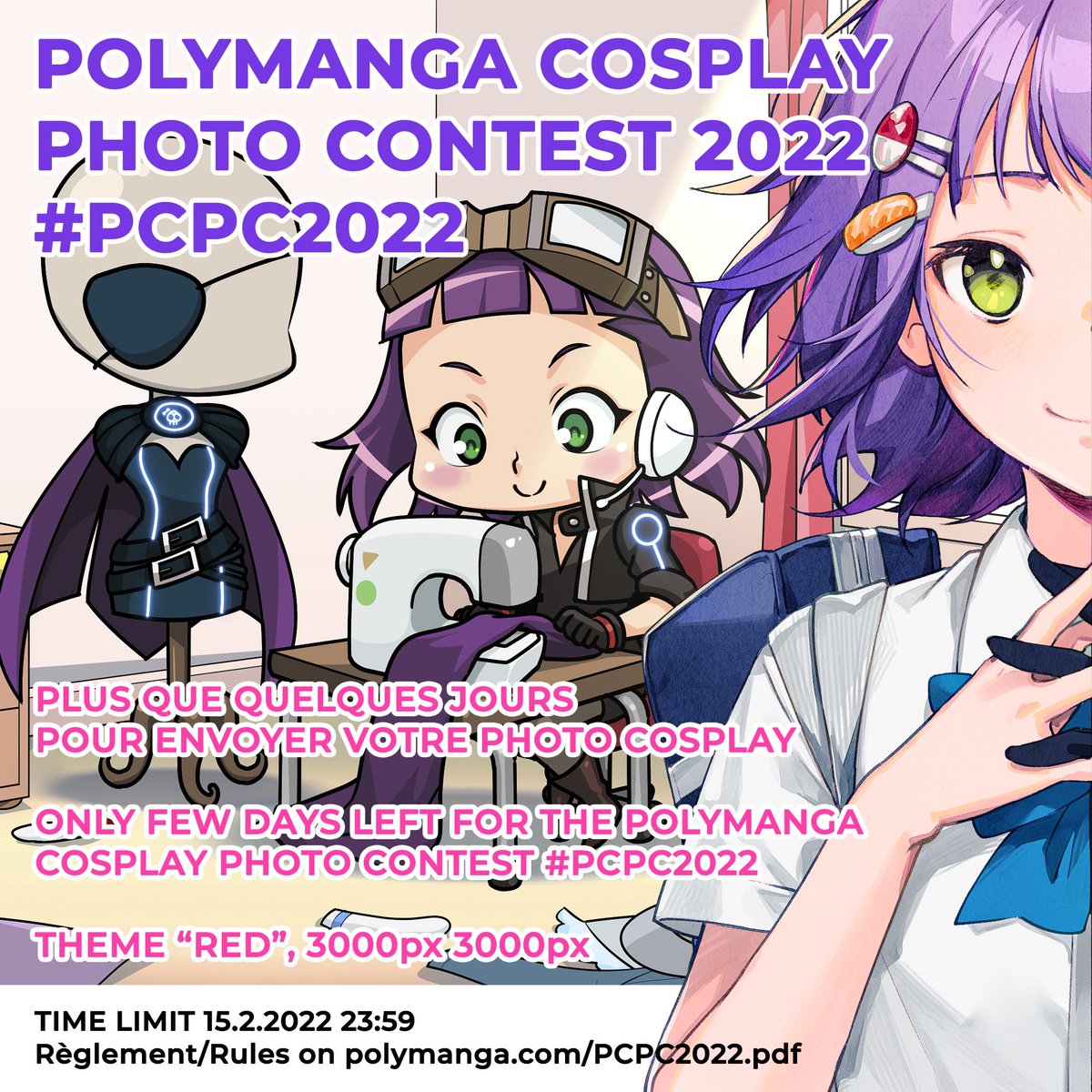 Polymanga's tweet photo. Plus que quelques jours pour envoyer votre photo cosplay (+2000 CHF à gagner)

Only few days left to send your Cosplay picture (+2000 CHF prize pool)

#cosplay #PCPC2022 #polymanga https://t.co/iY1RXS48hX