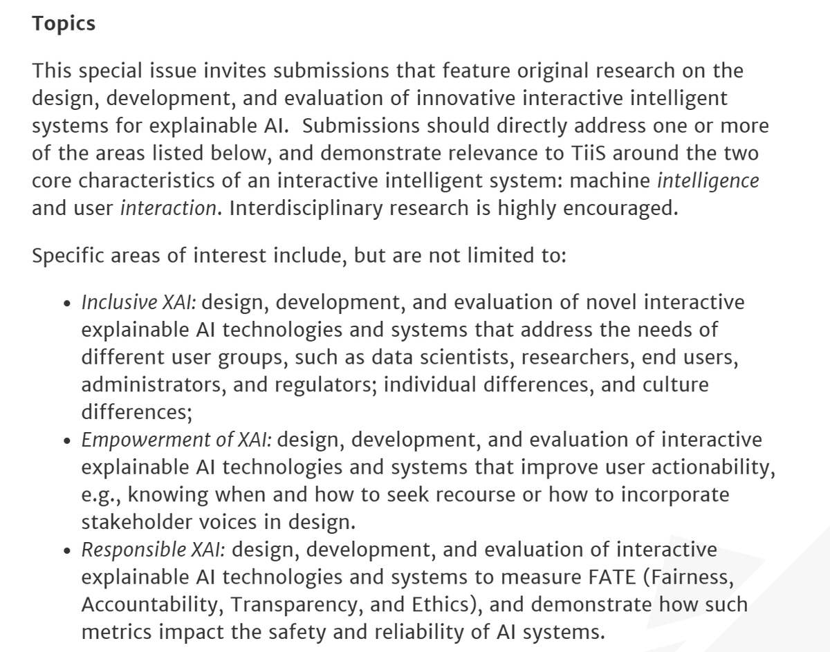 UpolEhsan's tweet photo. 🎯 Friendly reminder that Feb 21, 2022 is the deadline for the ACM TiiS Journal Special Issue on Human-centered XAI.
⚡️CfP: https://t.co/MRX51dwUgV
#XAI #AI #HCI #HCXAI #IUI #TiiS
1/3 https://t.co/C4lHZ6zlCj