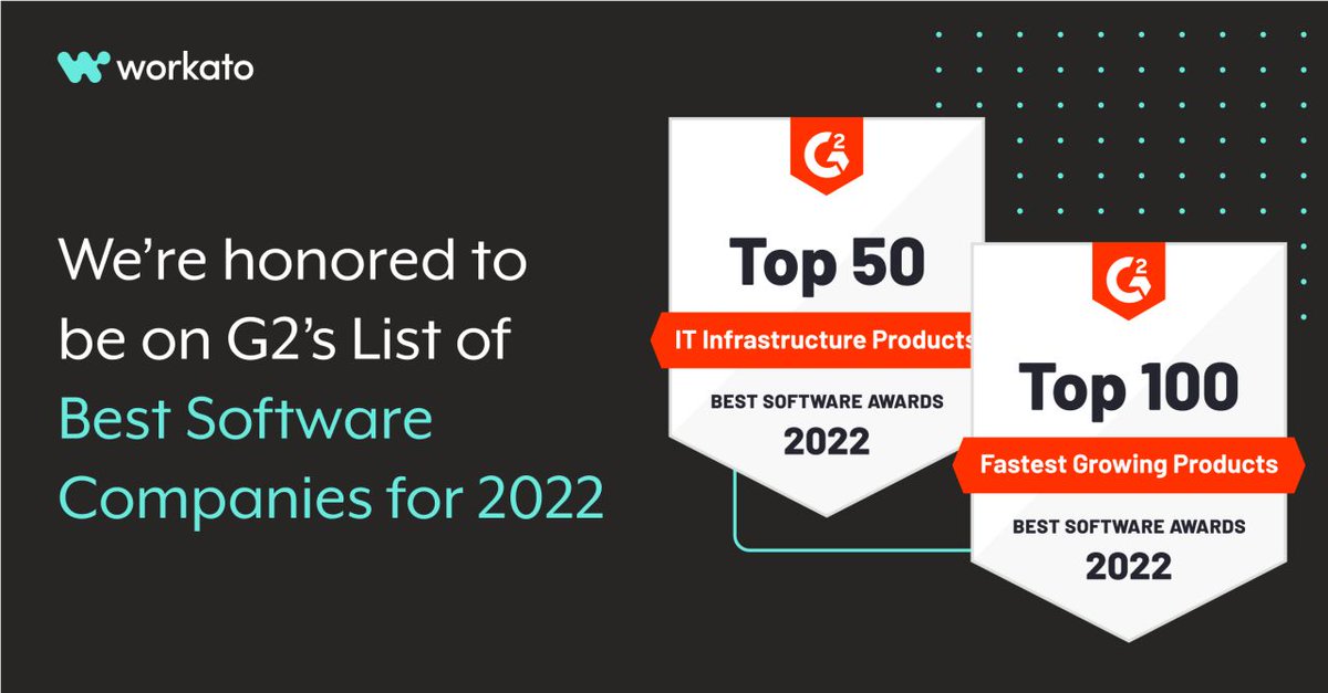 Workato's tweet photo. The results are in! Workato has been named to G2's 2022 Best Software List for: 

🌟 Fastest Growing Products 🌟
🌟 IT Infrastructure Products 🌟

#BestSoftware2022 https://t.co/JehMyrsRaz