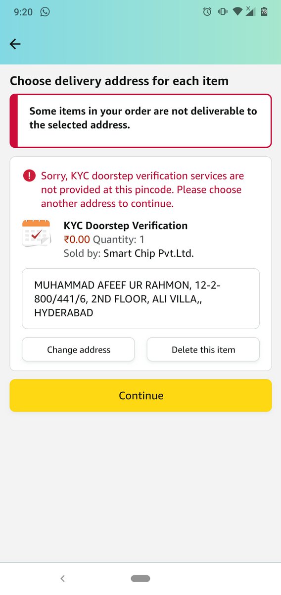 _AFEEFUN's tweet photo. @AmazonHelp I tried using that, now the step remaining is physical verification of documents, which when added to cart says not serviceable at your pincode https://t.co/TJVstQOTWk