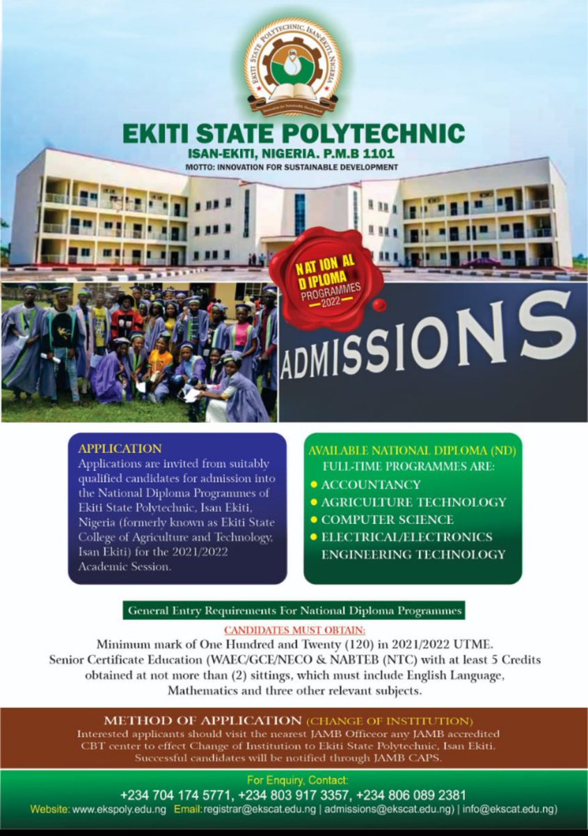 EKSPOLY's tweet photo. ADMISSION INTO EKSPOLY ISAN EKITI FOR 2021/2022 ACADEMIC SESSION ONGOING.. https://t.co/o6Gv9p1hfe