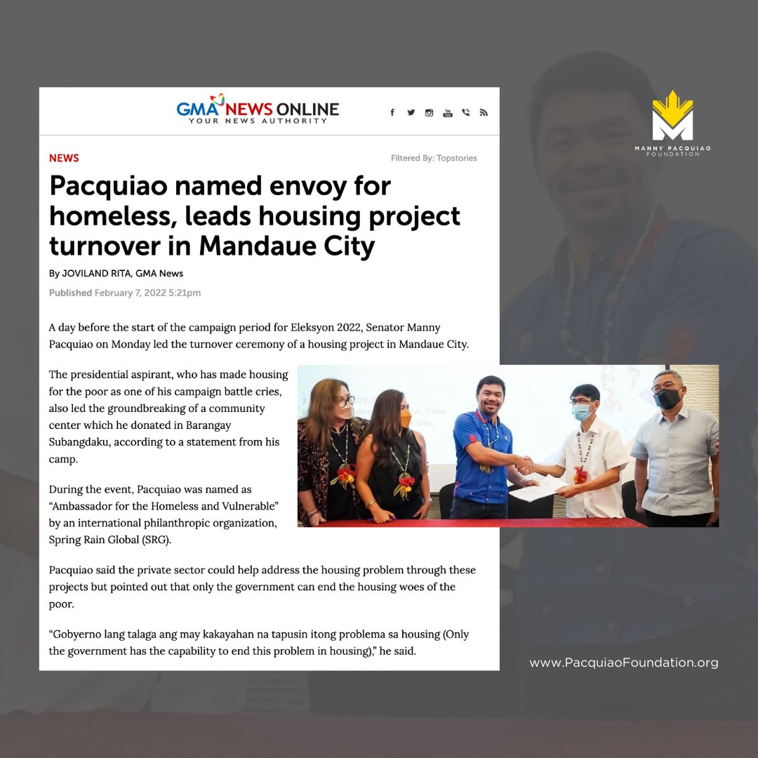 MPac_Foundation's tweet photo. An achievement that wouldn’t be possible without all your support for @MannyPacquiao. Congratulations!

Read more about it here: https://t.co/TIkJo6Scw3 

#PacquiaoFoundation #MannyPacquiao #MannysCorner #SpringRainGlobal #EnvoyforHomeless https://t.co/9MK48Nh8Lp