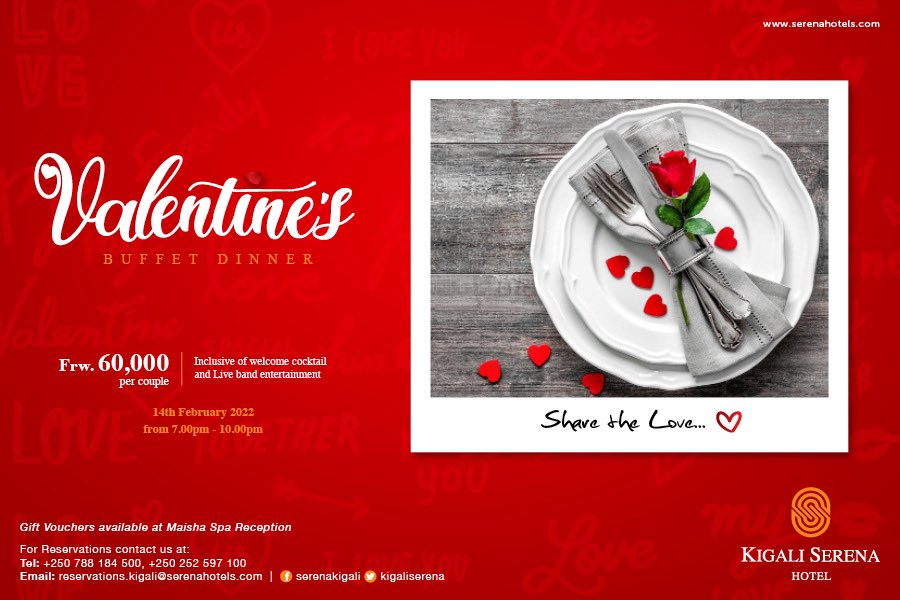 Let us make this valentine a bit more special for you and your loved one ❤️
Join us this 14th February at 7pm and let’s celebrate love together. 

#love #valentine #kigali #serenahotels