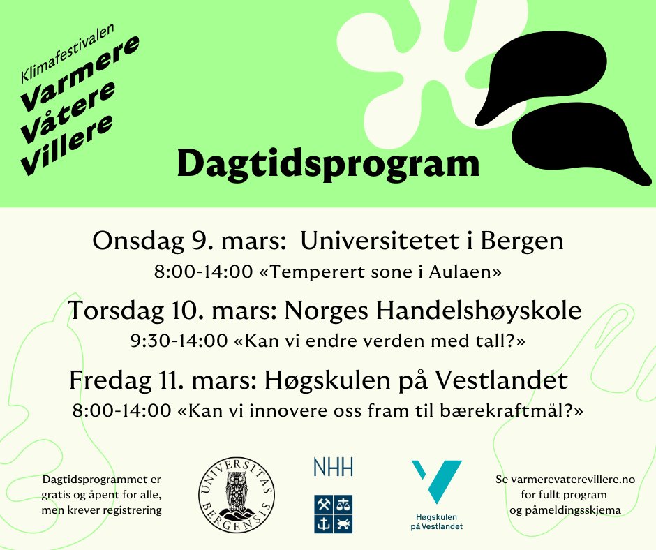Varmere Våtere Villere (@varmerevatere) on Twitter photo Festivalen foregår ikke kun på kveldstid, men også på dagtid på de tre største utdanningsinstitusjonene i Vestland fylke <a href="/UiB/">Universitetet i Bergen</a>, <a href="/NHHnor/">NHH Norwegian School of Economics</a> og @hvl_no!
Se fullt program og registrer deg på nettsiden↓ Festivalen foregår ikke kun på kveldstid, men også på dagtid på de tre største utdanningsinstitusjonene i Vestland fylke <a href="/UiB/">Universitetet i Bergen</a>, <a href="/NHHnor/">NHH Norwegian School of Economics</a> og @hvl_no!
Se fullt program og registrer deg på nettsiden↓