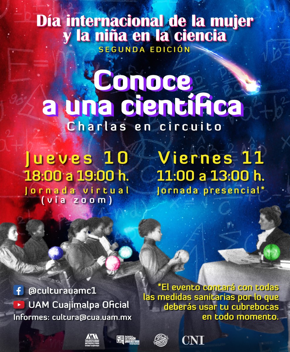 uamcuajimalpa's tweet image. 2da. Jornada cultural "Día internacional de la mujer y la niña en la ciencia". Participa en el circuito de charlas con científicas. 

📍10 de febrero, 18 a 19 h. charla virtual vía Zoom. 
👉cutt.ly/NOWnARn
📍11 de febrero, 11 a  13 h. 4to piso UAM Cuajimalpa. Presencial.