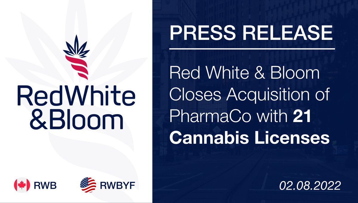rwbbrands's tweet photo. Red White &amp; Bloom closes acquisition of PharmaCo with 21 cannabis licenses. The acquisition also includes 8 operating dispensaries, several cultivation facilities and a multitude of zoned real estate properties. Read the full PR at: https://t.co/Qi6r4OvNhG $RWB $RWBYF https://t.co/ZD7gD3mGpQ