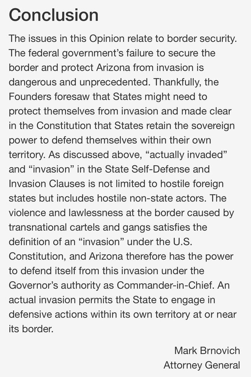 GailGolec's tweet photo. AG Brnovich has announced that ARIZONA IS UNDER INVASION at the southern border.
Arizona has the power to defend itself from this invasion under the Governor's authority by engaging in defensive actions at or near the border.
#defendourborder
https://t.co/PidHqDBXjO https://t.co/E9GabmJWOK