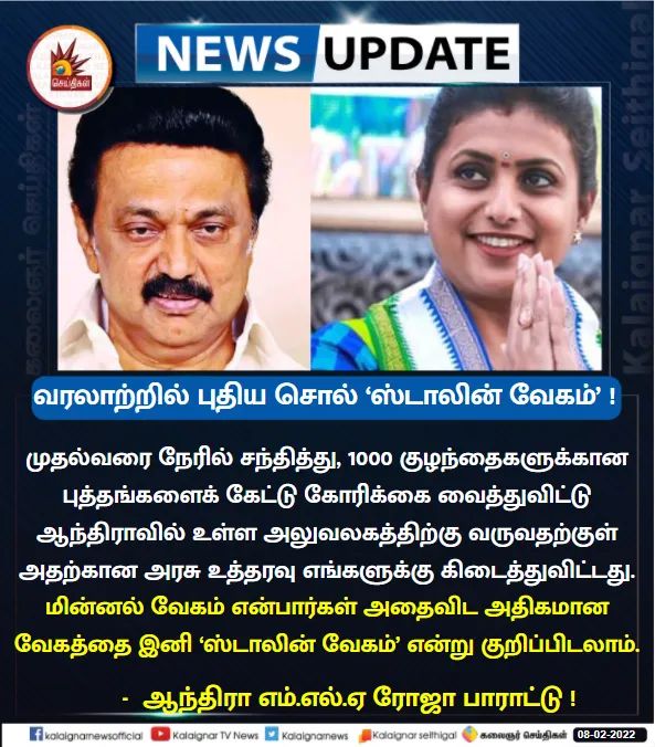 pmdevendhiran's tweet photo. மின்னல் வேகம் என்பார்கள் அதைவிட அதிகமான வேகத்தை இனி ‘ஸ்டாலின் வேகம்’ என்று குறிப்பிடலாம்.
- ஆந்திரா எம்.எல்.ஏ ரோஜா பாராட்டு !
#CMMKStalin #RojaMLA #DMKGovt https://t.co/4jV0hEGnHg