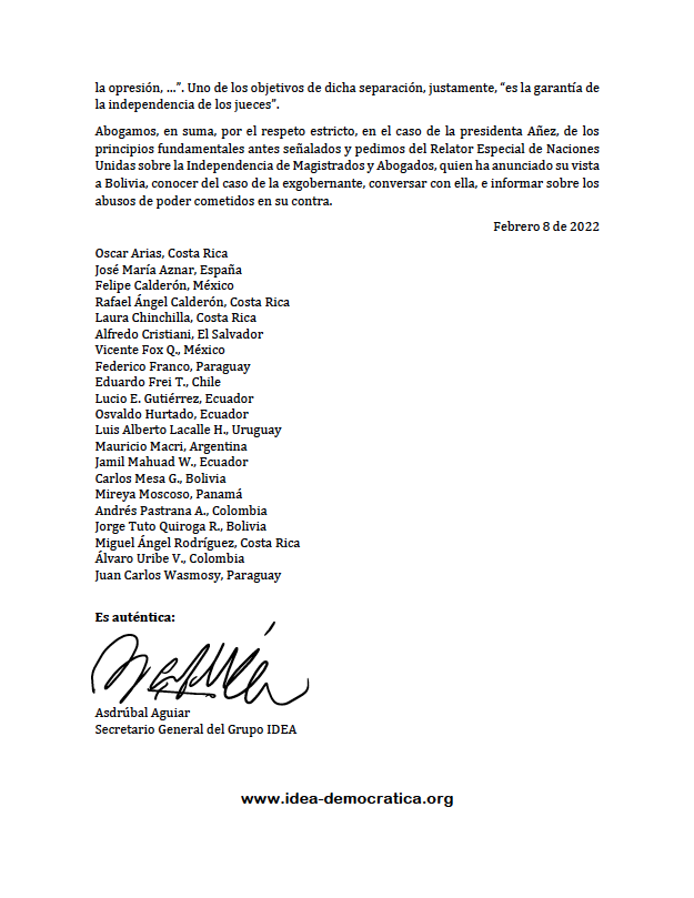 JeanineAnez's tweet photo. Agradezco a los ex presidentes de Iberoamérica su pronunciamiento en defensa de los valores democráticos ante el linchamiento fiscal y judicial del que soy víctima por instrucciones del MAS. Invito al Dr. García Sayan a conocer de primera mano este #JuicioILEGAL 
@UNIndepJudges https://t.co/vnCtVXJ1tz