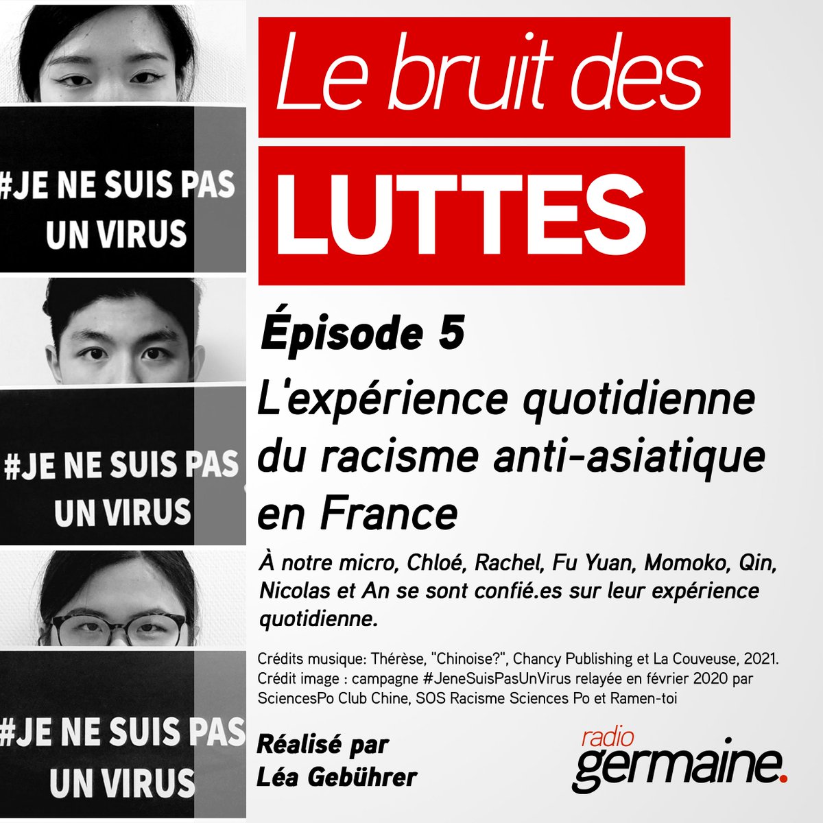 radiogermaine's tweet photo. 🔴🔴🔴 L’expérience quotidienne du racisme anti-asiatique en France
🎧 Sur Spotify : https://t.co/J04LflkBEd
🎧 Sur le site : https://t.co/TVQCVVIQUD
#racisme #RacismeAntiAsiatique #JeNeSuisPasUnVirus #IAmNotAVirus #lutte #Radio #podcast @SonLAM43548124 #antiracism #France https://t.co/ymrAiH0HQW
