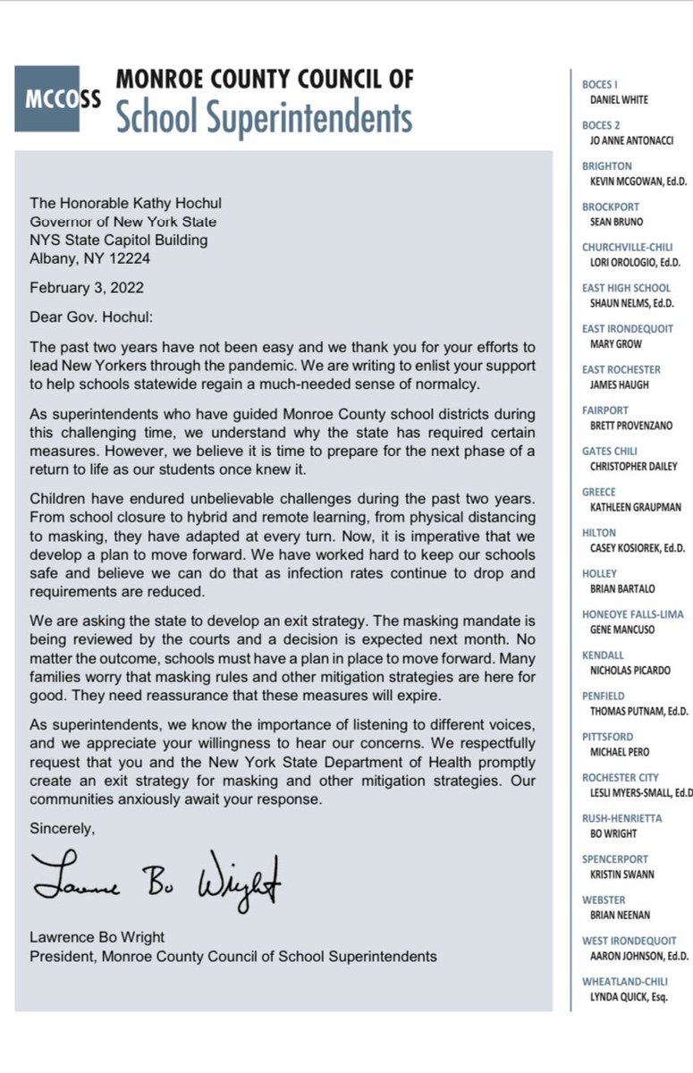 WHEC_JLewke's tweet photo. Add Monroe County School Superintendents to the growing list of educational leaders asking @GovKathyHochul and @HealthNYGov for an exit-strategy on #COVID19 protocols.
@news10nbc https://t.co/UxbzmdN0lg