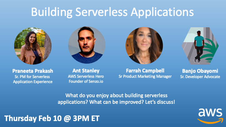 I'll be hosting a #TwitterSpace about Building #Serverless Applications with @praneetaprakash @IamStan @FarrahC32 We will start Thursday, Feb 10 at 3 pm ET You can join or set a reminder here twitter.com/i/spaces/1ypJd…