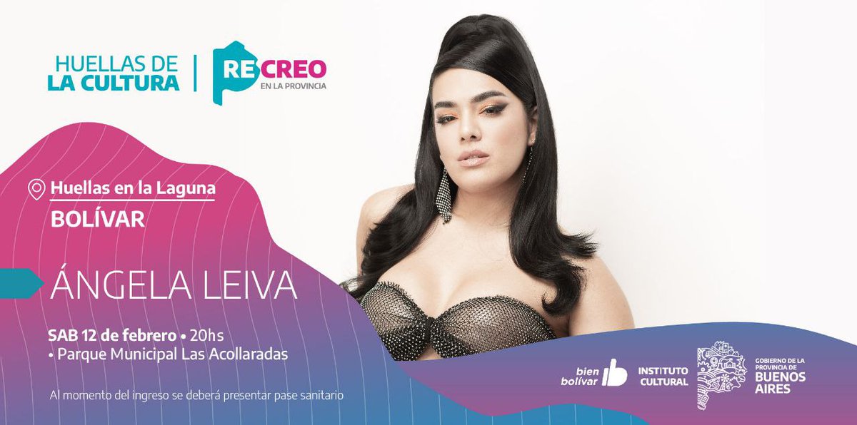 CulturaPBA's tweet photo. HUELLAS EN LA LAGUNA CON ÁNGELA LEIVA 🎵
 
La cumbia tendrá su noche de fiesta en Bolívar
 
De la mano de @AngelaLeivaOk, el ciclo que celebra la música llega a Bolívar este sábado
 
📍Parque Municipal Las Acollaradas
🕗20 horas
🎫Entradas disponibles a través de la app #ReCreo https://t.co/zFOyoI6KRI