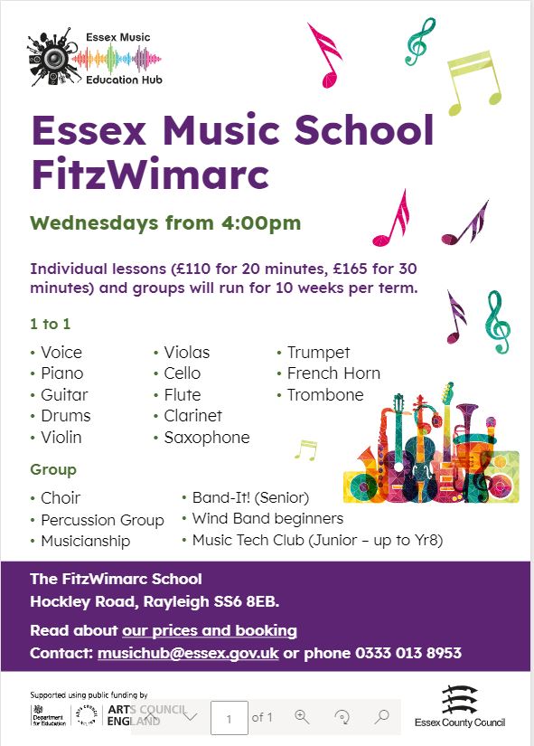 Trumpet Fanfare! There is a new Music School in #Rayleigh for ages 5 - 18 years. It is all happening on Wednesdays from 4pm based at <a href="/FitzWimarcMusic/">FitzWimarc Music</a>  Click here to sign up bit.ly/3owmH0L Any questions? Simply email musichub@essex.gov.uk PlsRT <a href="/RayleighPS/">Rayleigh Primary School</a>