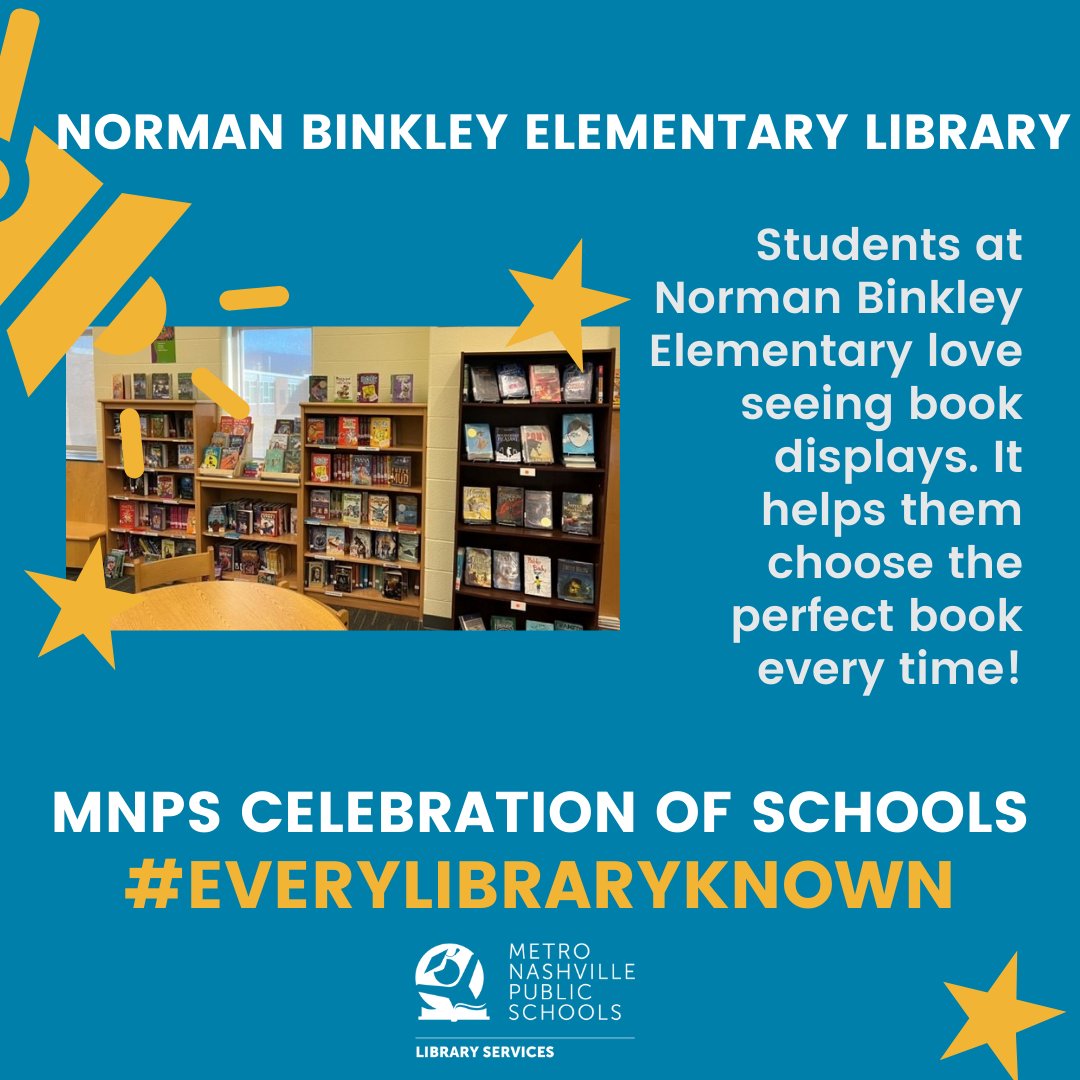 MNPSLibraries's tweet image. Students at Norman Binkley Elementary love seeing book displays. It helps them choose the perfect book every time! @MetroSchools #EveryLibraryKnown #CelebrationOfSchools