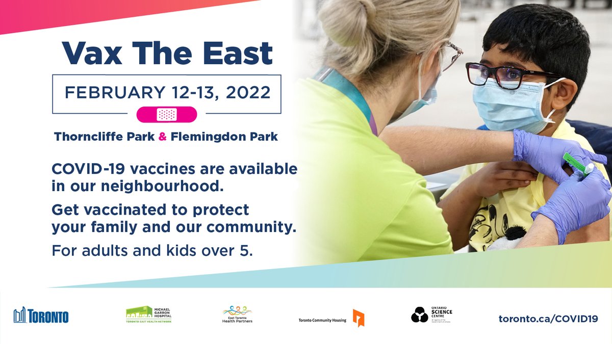 #EastToronto, are you ready for #VaxTheEast? #TeamToronto is coming to give 1st, 2nd, 3rd &amp; kids #COVID19 vaccines.
✅ Feb 12-13: <a href="/OntScienceCtr/">Ontario Science Centre</a> &amp; Thorncliffe Park Community Hub
✅ Feb 14-21: mobile clinics at 5-6 schools for students, staff, parents &amp; community in #ScarbTO 1/3