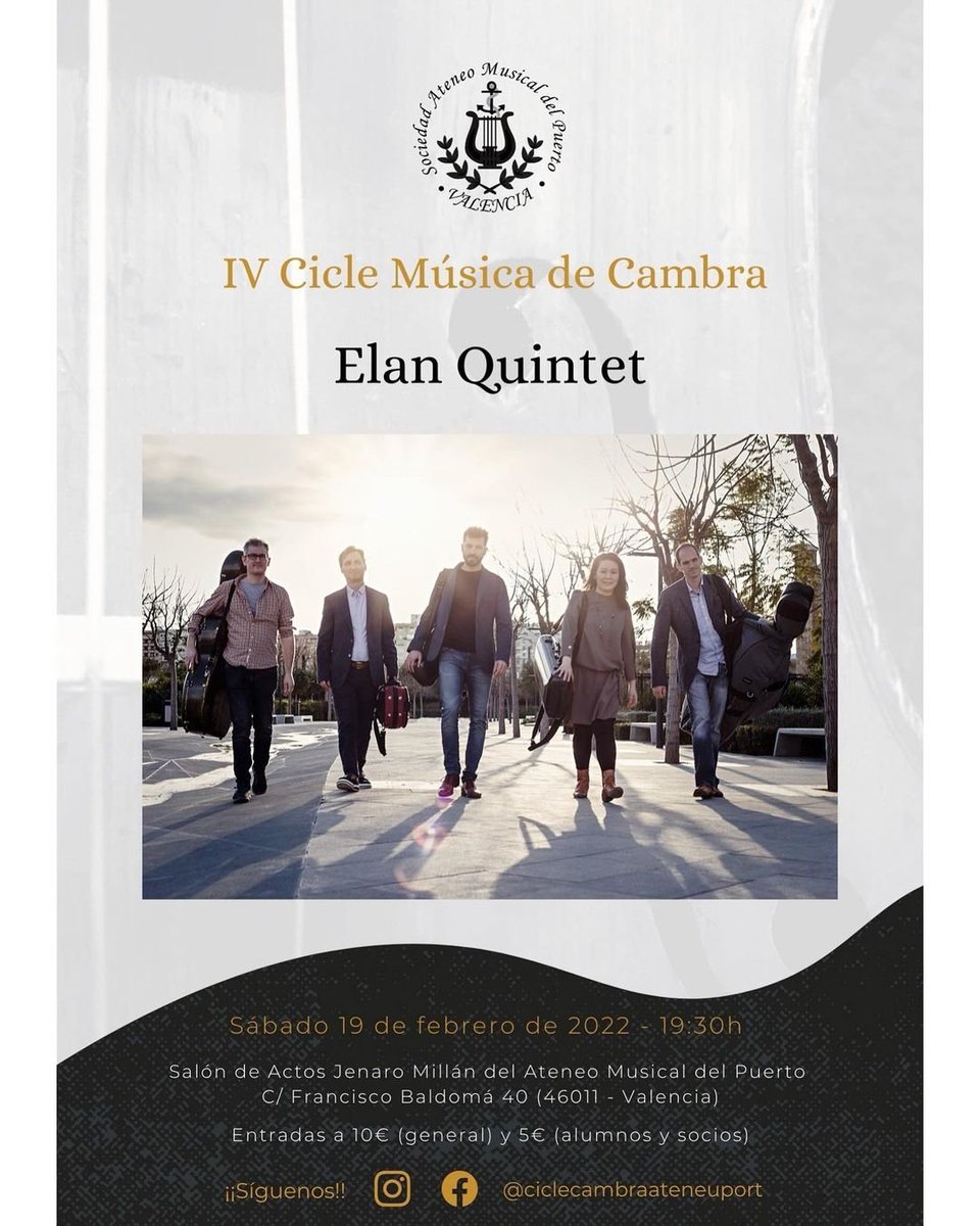 #Repost <a href="/AteneoMusPuerto/">Ateneu Musical del Port ⚓</a>
ATENCIÓ!!! ⚠️ La propera cita del Cicle,serà: 
📅 Dissabte 19 #Febrer 
🕖 19:30 
👫 Elan Quintet,agrupació d‘instrumentistes de corda de l‘Orquestra de la #ComunitatValenciana
📖 Quintets de corda de George Onslow (1784-1853)

ℹ️instagram.com/p/CZuNqSyNXHa/…